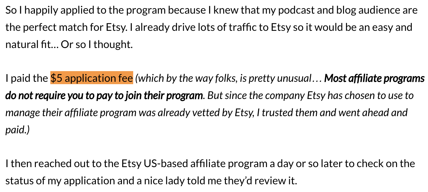 $5 application fee - etsy affiliate program