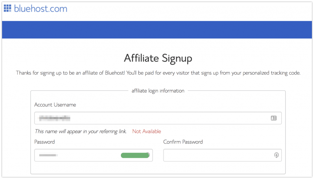 bluehost affiliate program sign up page