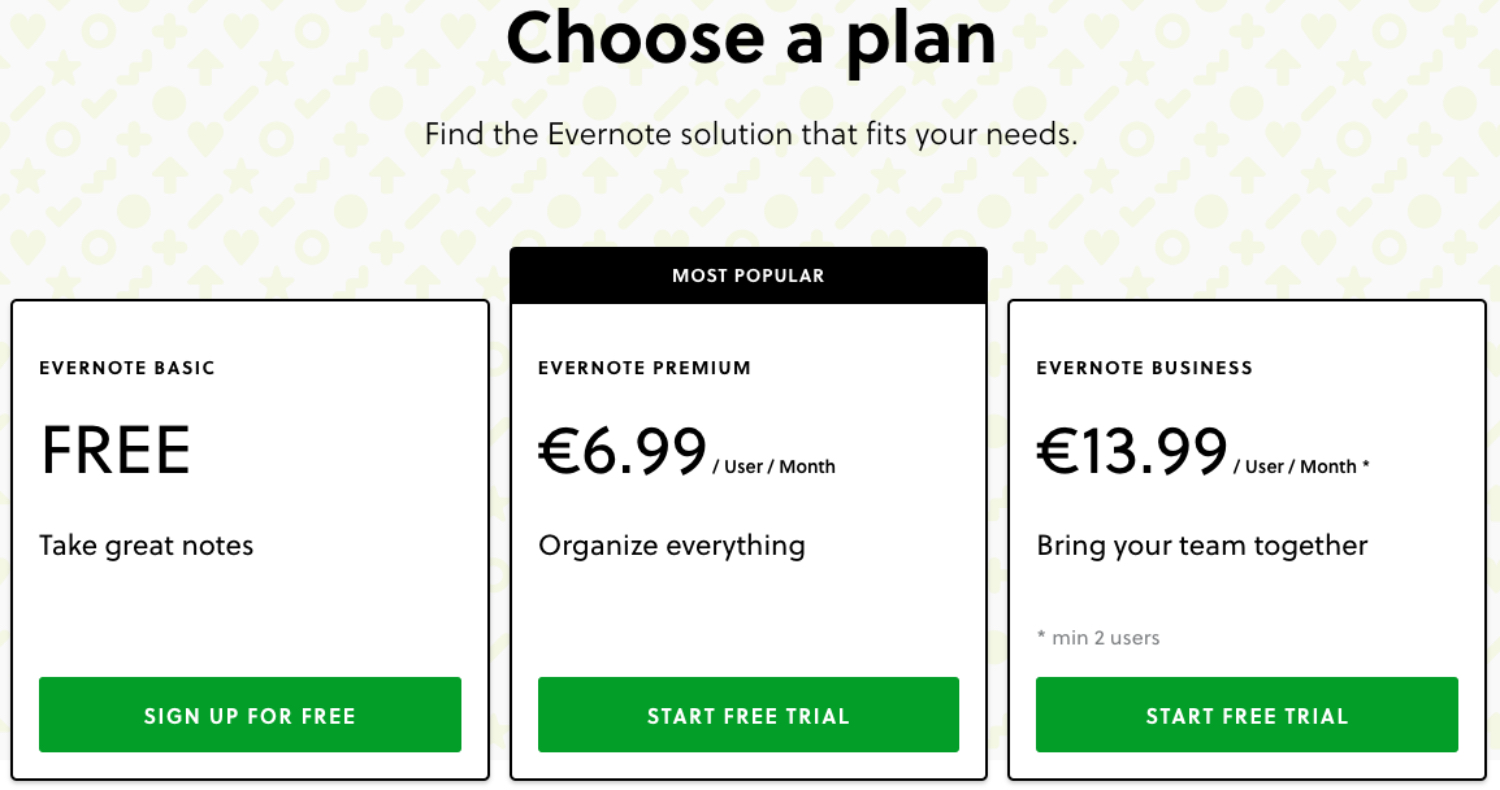 evernote new pricing