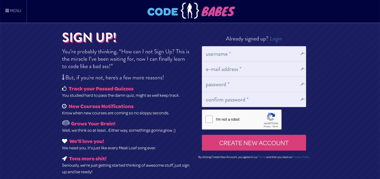 codebabes sign up page