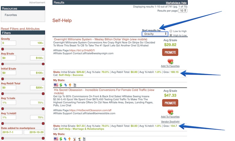 sort results by gravity in clickbank